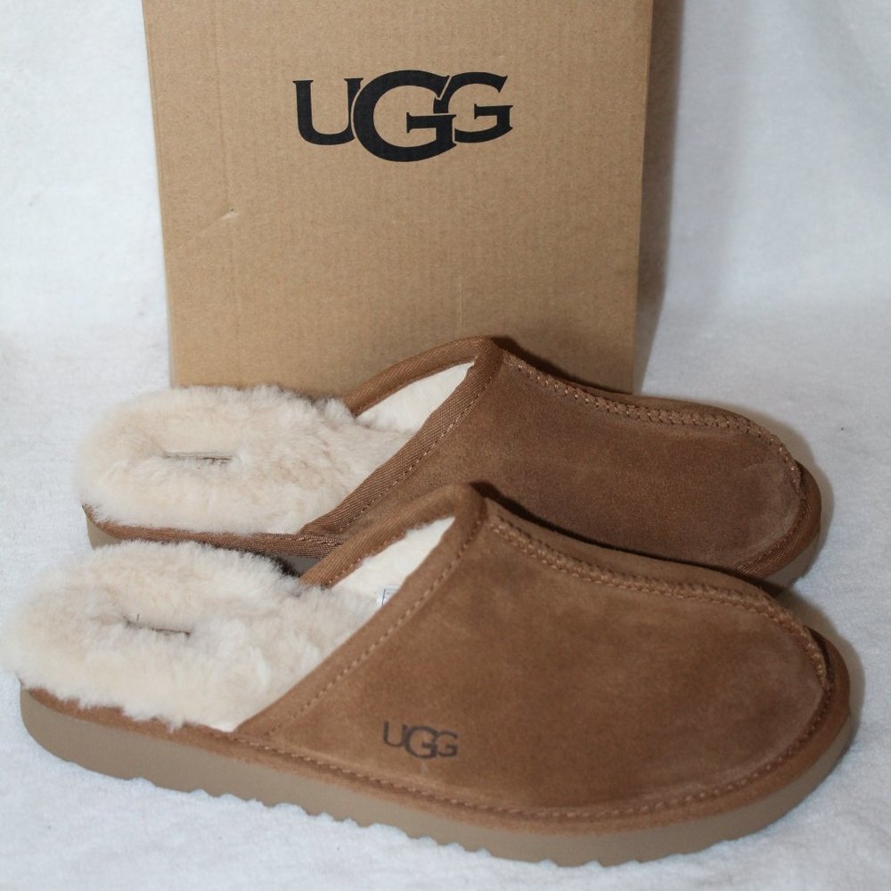 NIB UGG WOMEN'S SUEDE SHEARLING SLIP ON SLIPPERS